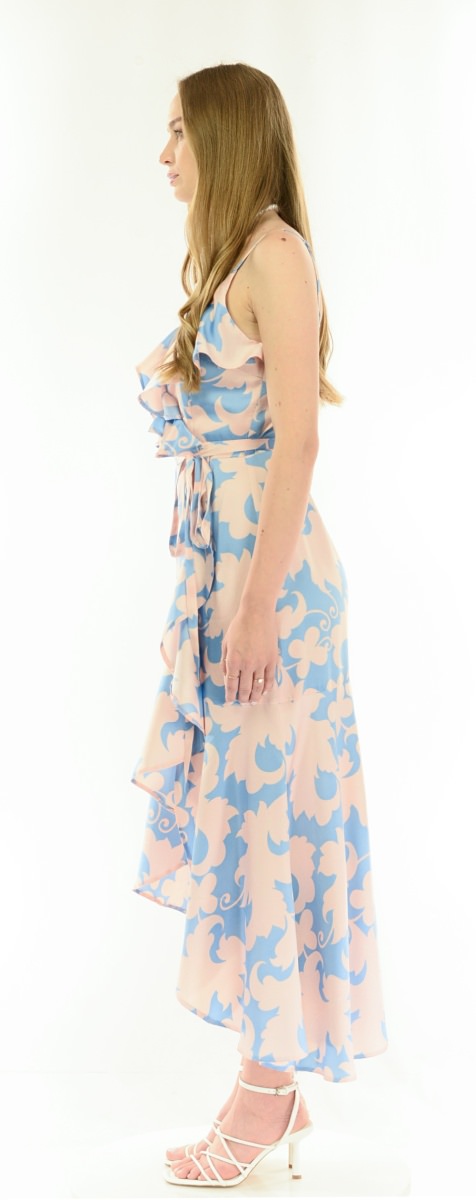 Overjoyed Champagne Satin Floral Print Maxi Dress